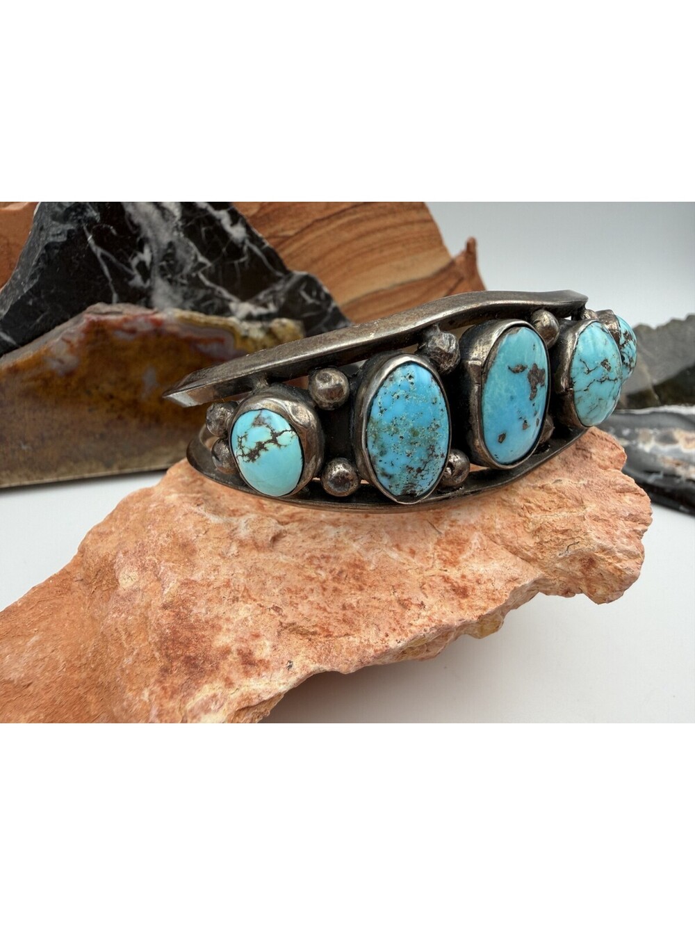 Vintage Native American Turquoise Multi-Stone Sterling Silver Cuff Bracelet - Picture 3 of 9